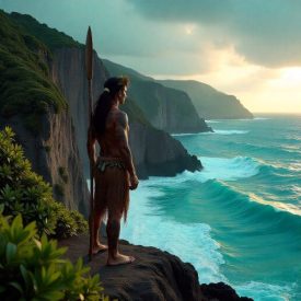 Mythlok - Niuen_ the rugged limestone cliffs of Niue overlooking a turquoise Pacific Ocean representing Niuean Mythology