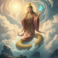 Mythlok - Nuwa Nuwa, the Chinese creator goddess, with a radiant human upper body and a shimmering serpentine lower body coiled amidst swirling celestial clouds.