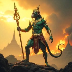 Ongkot from Thai mythology, the green-skinned vanara warrior from the Ramakien. He stands on a rocky battlefield beneath a glowing golden sky