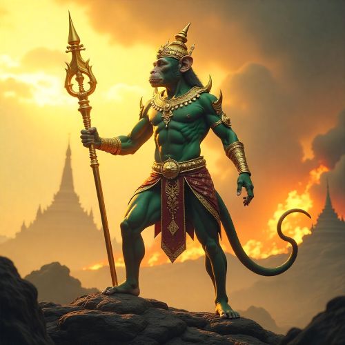 Ongkot from Thai mythology, the green-skinned vanara warrior from the Ramakien. He stands on a rocky battlefield beneath a glowing golden sky