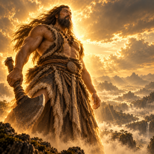 Pangu, the primordial giant of Chinese mythology, holding a massive axe