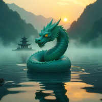 Mythlok - Panlong Panlong, the coiling dragon of Chinese mythology, spiraling gracefully around a jade pillar emerging from a mist-covered lake at dawn