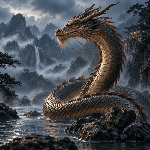 Panlong, the coiling Chinese water dragon, winding through a misty mountain lake