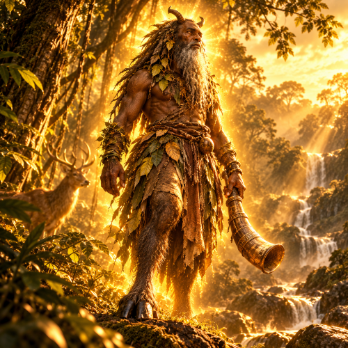 Papa Bois, the Caribbean forest guardian, stands amid a lush rainforest with cloven hooves, curved horns, a long beard entwined with leaves, and a carved animal horn