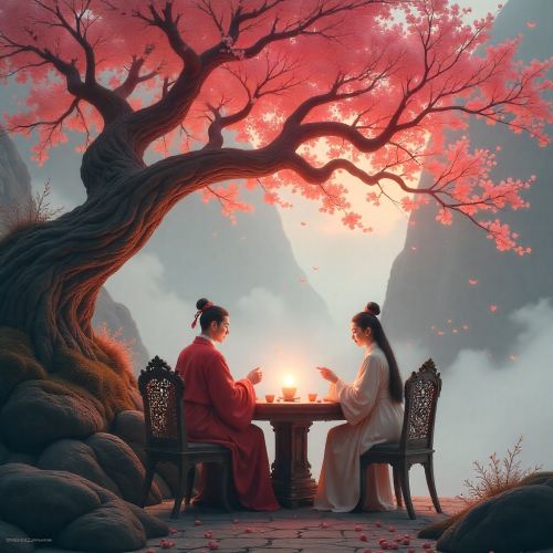 Peach Banquet of Heaven: a vast celestial orchard with ancient peach trees bearing glowing peaches of immortality