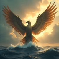 Mythlok - Peng Peng, a colossal mythic bird with wings so vast they blot out clouds, emerging from the sea in a dawn light