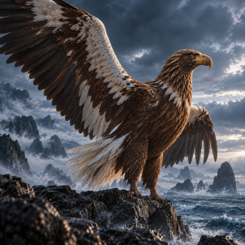 Peng inspired by a Steller’s sea eagle stands on wet coastal rocks above a turbulent sea