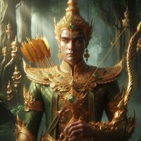 Mythlok - Phra Lak Phra Lak from Thai mythology, depicted as a divine golden-skinned warrior prince standing in a lush, mythical forest.