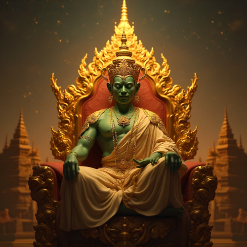 Phra Phiphek, the green-skinned demon sage from Thai mythology, seated in royal attire on a golden throne adorned with intricate motifs.
