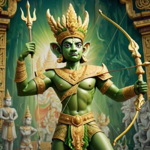 Phra Ram from Thai mythology with a green face, golden crown, and ornate royal attire, holding a bow and arrow