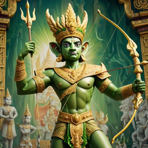 Phra Ram from Thai mythology with a green face, golden crown, and ornate royal attire, holding a bow and arrow