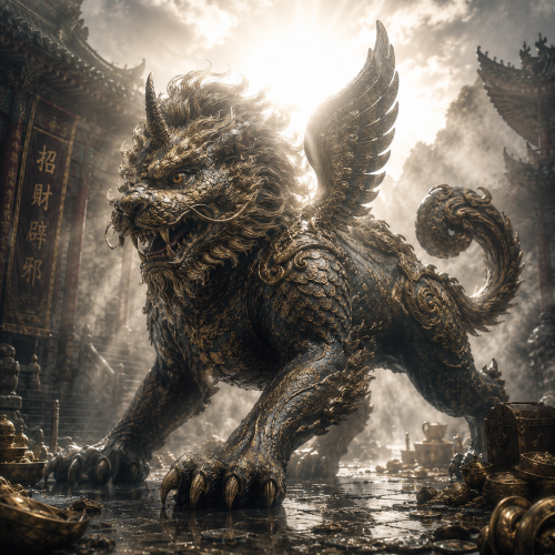 Pixiu, the Chinese mythical guardian beast, standing in a misty temple courtyard