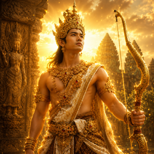 Preah Ream, the Khmer incarnation of Rama, standing in golden royal attire with an ornate mokot crown, serene almond-shaped eyes, and a graceful yet powerful stance.