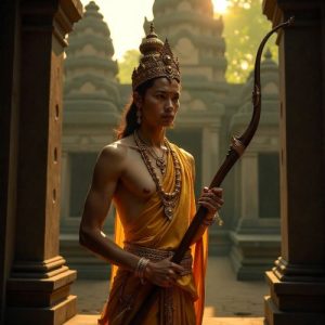 Preah Ream, the Khmer incarnation of Rama, standing in golden royal attire with an ornate mokot crown, serene almond-shaped eyes, and a graceful yet powerful stance.
