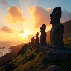 Mythlok - Rapa Nui_ scene on Easter Island during a dramatic sunrise representing Rapa Nui mythology