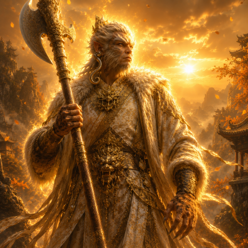 Ru Shou, the Chinese deity of autumn and metal, holding a ceremonial axe amid golden mountains and autumn foliage.