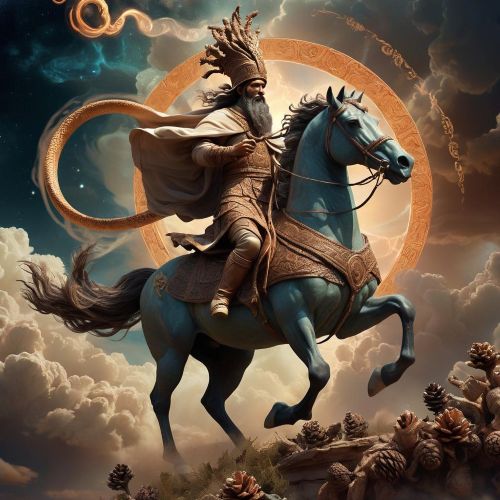 a detailed image of Sabazios, the Phrygian sky father and horseman god, riding a majestic horse through a celestial landscape.