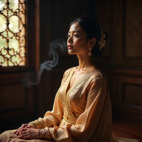 Shanta : The Overlooked Princess of the Hikayat Seri Rama Shanta, the Malay princess from Hikayat Seri Rama, seated in a softly lit royal chamber inspired by classical Malay palaces.