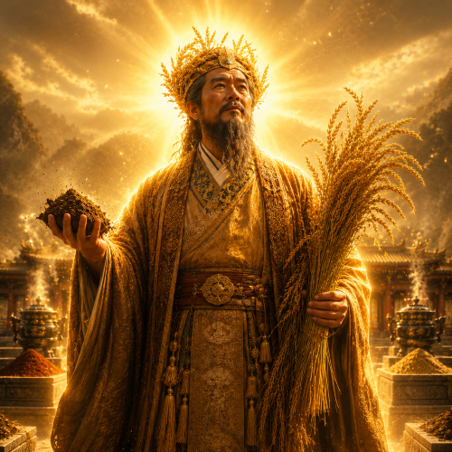 Sheji, the sacred deity of soil and grain, standing on an ancient Chinese ritual altar holding fertile earth and golden grain beneath a divine golden glow.