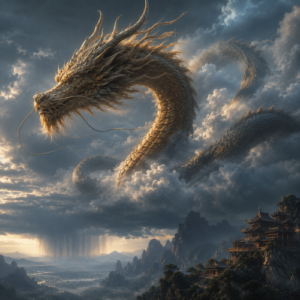 Shenlong, a Chinese dragon soaring through cool storm clouds above misty mountains
