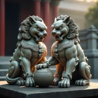 Mythlok - Shishi a pair of Shishi (Chinese guardian lions) carved from ancient stone