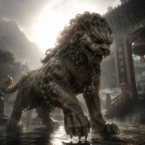 Shishi, a mythical Chinese guardian lion, stands in a misty temple courtyard during rain