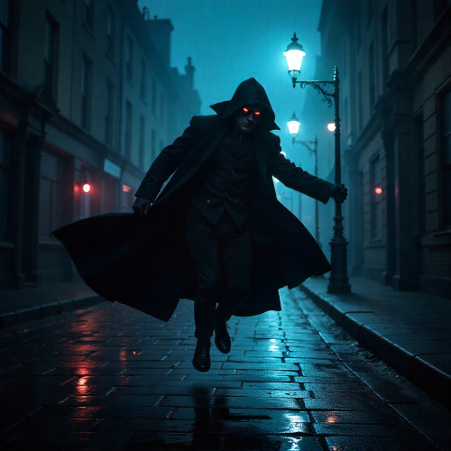 Spring Heeled Jack stands mid-leap over a cobblestone street, his black cloak billowing as he breathes a burst of blue flame.