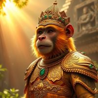 Mythlok - Sukreep Sukreep, the golden monkey king from Thai mythology. He stands amidst an ancient jungle temple bathed in warm sunlight