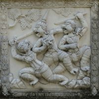 Mythlok - Sukreep wall carving Wall carving involving the Thai monkey god Sukreep