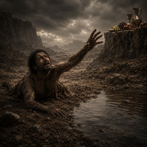 Tantalus in Tartarus with Curse of Eternal Hunger:—an anguished man reaching for fruit and water that recede