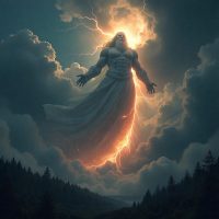 Mythlok - Tharapitha A colossal, sky-dwelling Estonian thunder god Tharapita descending from a storm-filled sky above Saaremaa