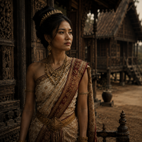 Thida, the graceful princess of the Burmese Ramayana, portrayed in traditional royal attire outside a historic Myanmar palace.