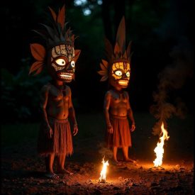 Mythlok - Tolai_ ceremonial scene of Tolai Duk-Duk and Tubuan spirits representing Tolai mythology