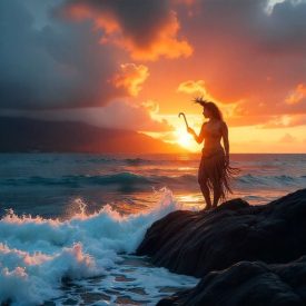 Mythlok - Tongan_ scene of Tonga’s coastline at sunset, waves crashing against volcanic rock representing Tongan mythology