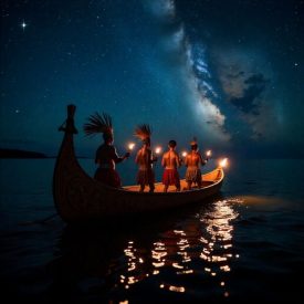 Mythlok - Torres Strait Islander_ night scene across the Torres Strait representing Torres Strait Islander mythology