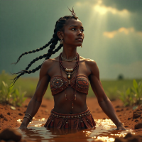 Wanjiru from Kikuyu mythology, emerging from the red-brown earth under a rain-filled sky.