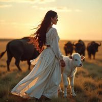White Buffalo Calf Woman, a divine Lakota woman dressed in pristine white buckskin, long black hair flowing, standing on an open prairie