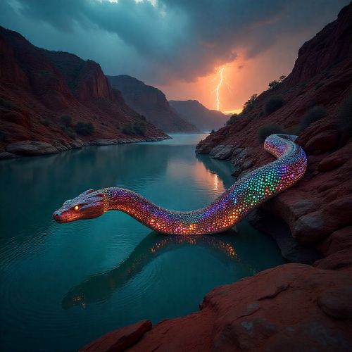 A gigantic iridescent Rainbow Serpent representing Wunggurr