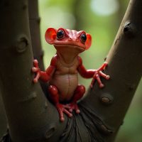 Mythlok - Yara-ma-yha-who Yara-ma-yha-who, a small red-skinned humanoid perched in the branches of a giant Australian fig tree, with frog-like features, smooth crimson skin, a wide toothless mouth, and suction-cup hands and feet.