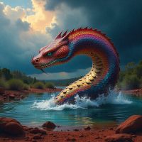 A colossal Yurlungur emerging from a sacred Arnhem Land waterhole