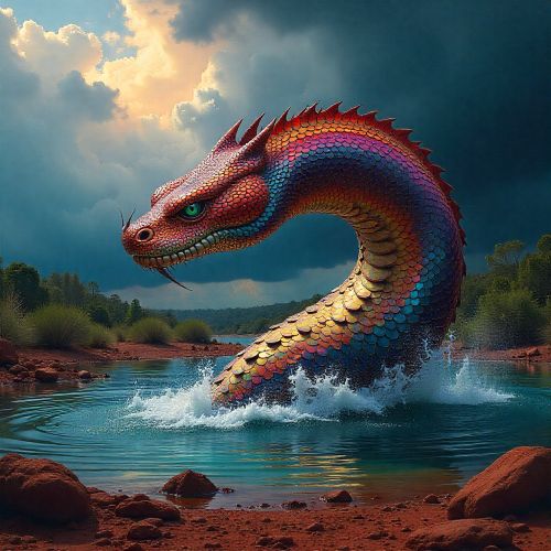 A colossal Yurlungur emerging from a sacred Arnhem Land waterhole