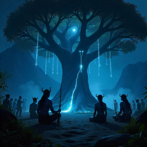 Na’vi warriors and shamans gathered under the glowing Tree of Souls on Pandora at night