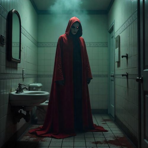 Aka Manto in a dimly lit, old Japanese school bathroom with cracked tiles