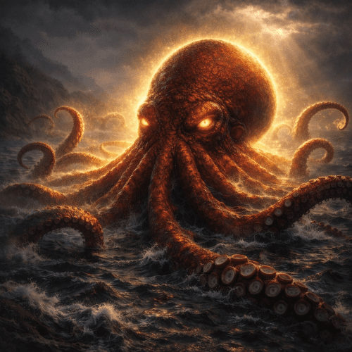 Akkorokamui, a colossal crimson octopus deity emerging from the dark waters of Uchiura Bay