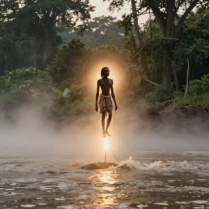 Akongo the creator god from Ngombe mythology represented as majestic celestial elder rising toward the heavens