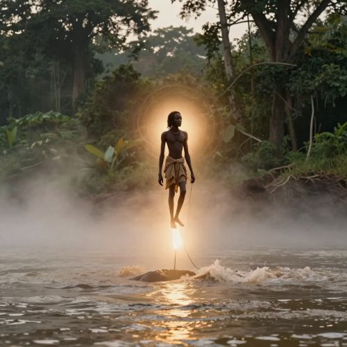 Akongo the creator god from Ngombe mythology represented as majestic celestial elder rising toward the heavens