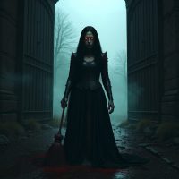 Mythlok - Aminon Aminon from Ossetian folklore, a stern female underworld guardian standing before massive iron gates at twilight