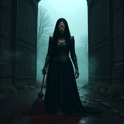 Aminon from Ossetian folklore, a stern female underworld guardian standing before massive iron gates at twilight