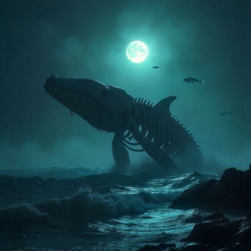 An image of Bakekujira, as a colossal spectral whale skeleton emerging from foggy ocean waters at nigh