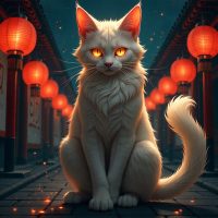A fully transformed Bakeneko from Japanese folklore, depicted as a supernatural cat yokai
